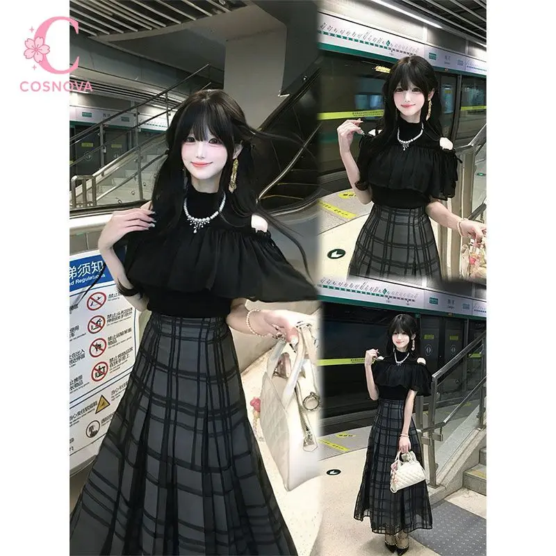 

Japanese Vintage Shibuya Girl Y2K 2 Piece Set Women Cold Shoulder Ruffle Mesh Top Plaid Midi Skirt New Casual Streetwear Outfits