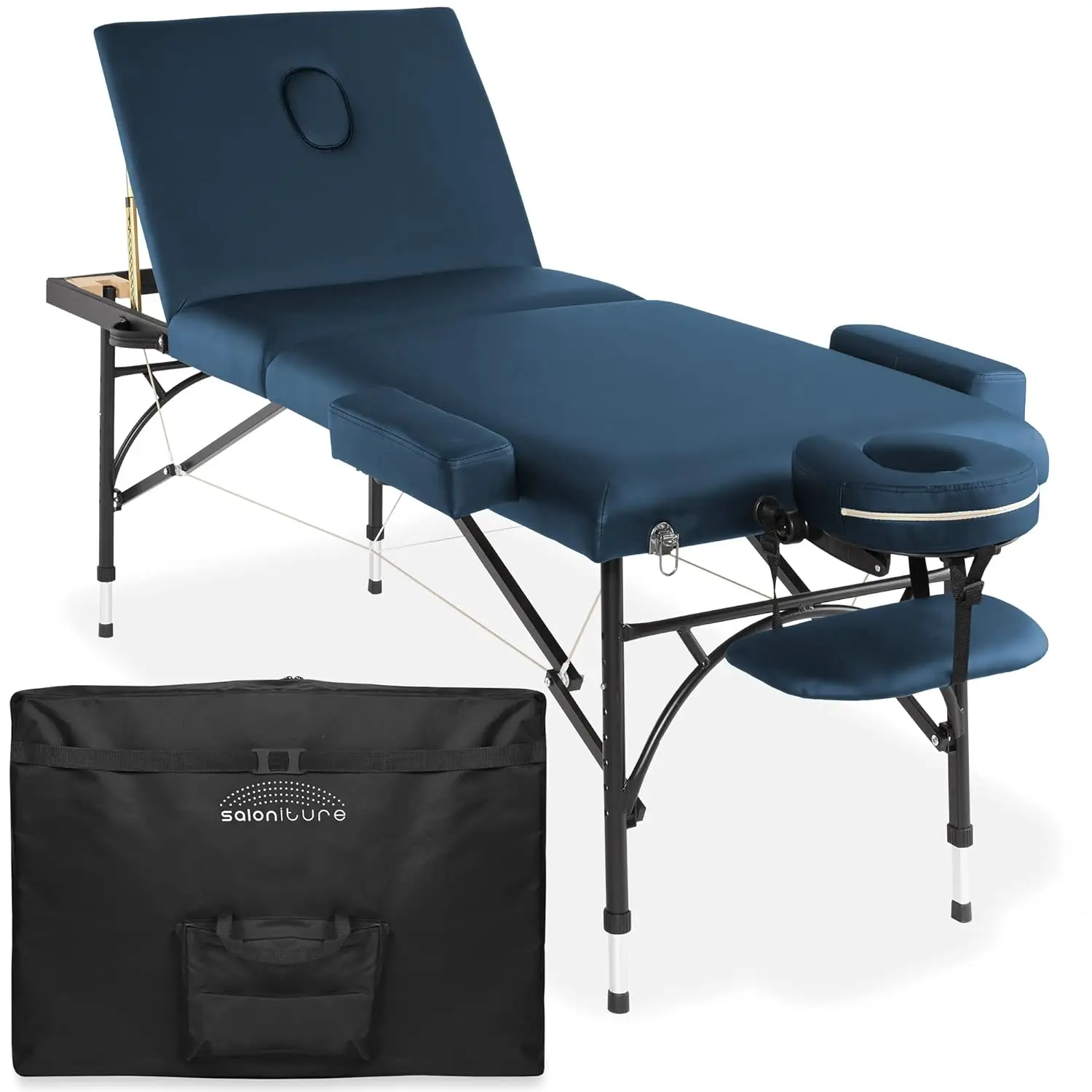 Professional Portable Lightweight Tri-Fold Massage Table with Aluminum Legs - Includes Headrest, Face Cradle, Armrests and Carry