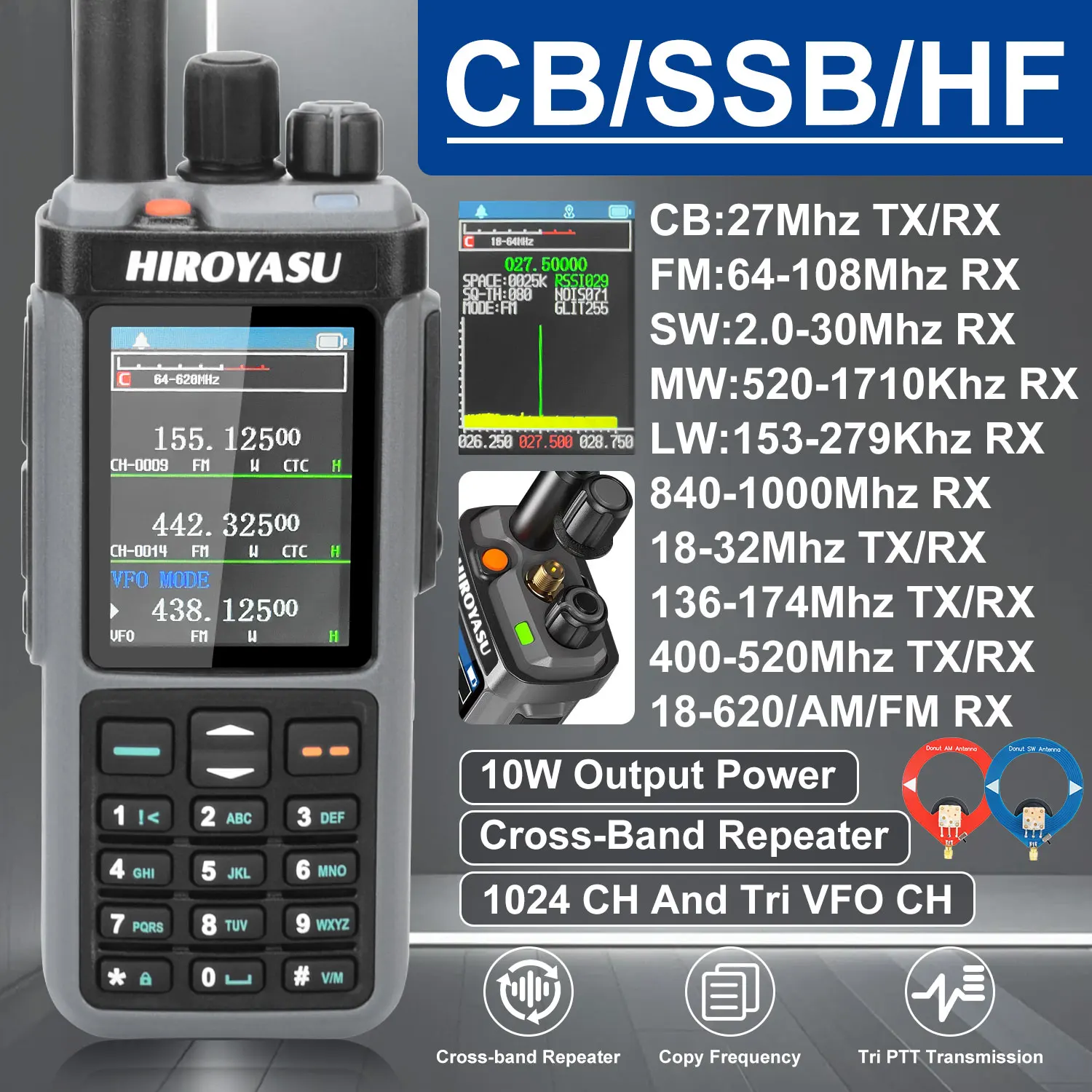HIROYASU HW-UV938 10W CB HF Shortwave SSB Air Band VHF UHF Full Band Cross-band Repeater Scrambler NOAA  AM FM Walkie Talkie