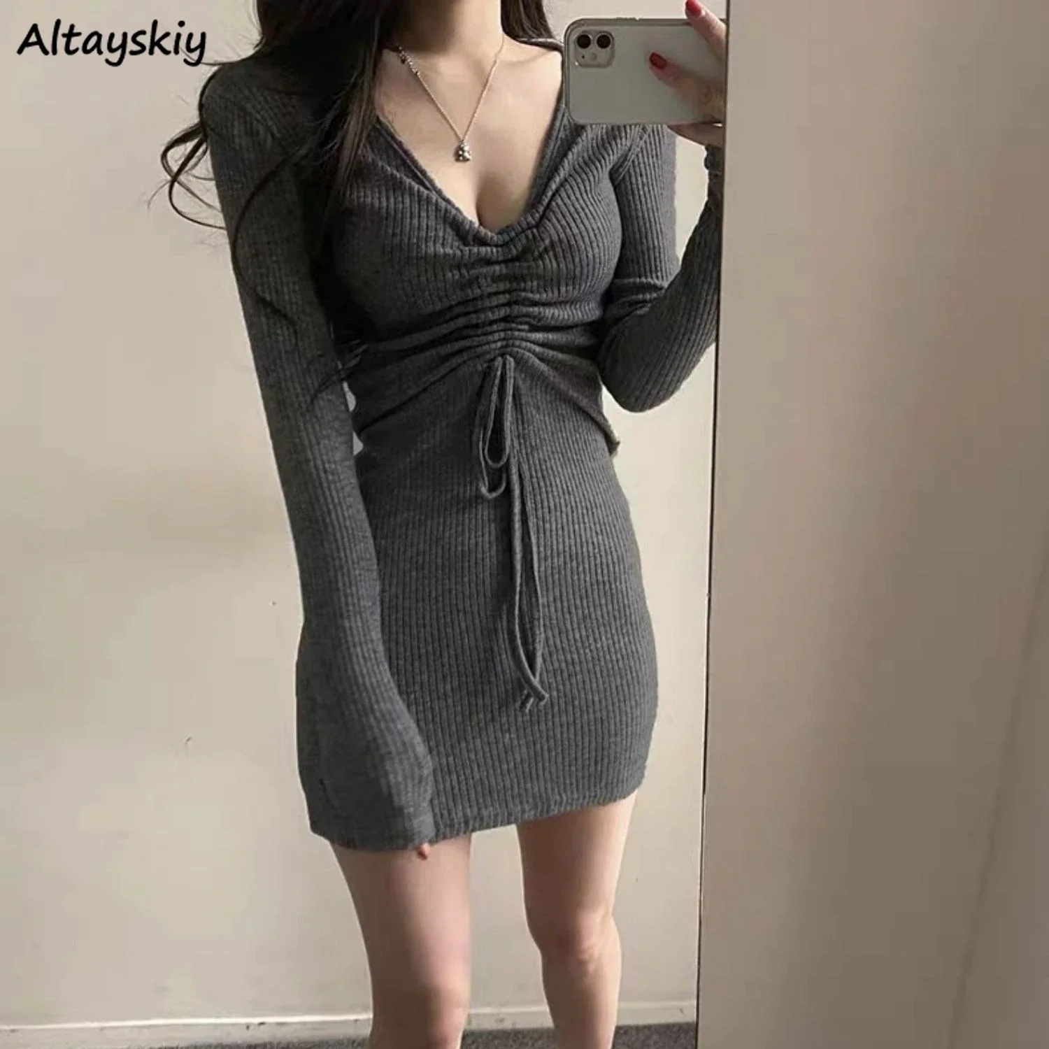 Dresses Women Sexy Style Hotties Solid Shirring Flods Full Sleeve V-neck Elegant Ladies Mini Slim Fit Soft Inner Wear Gentle