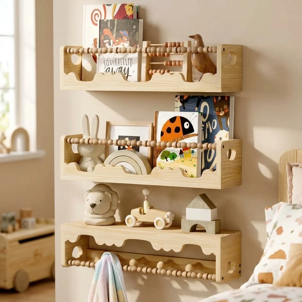 3 Piece Doll Display Shelf Natural Solid Wood Wall Storage Rack for Kids Room Nursery Bedroom Toy Organizer Durable Stable