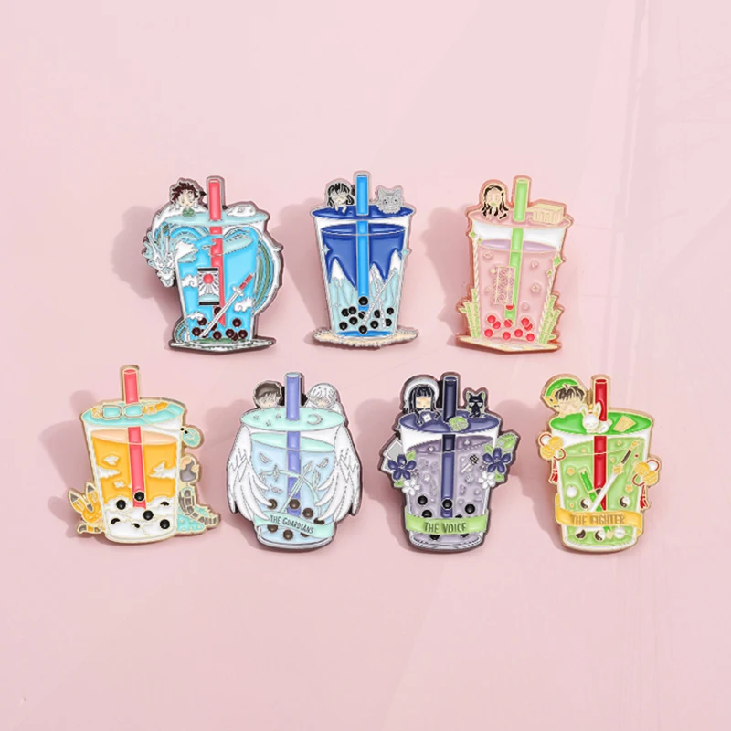 Milk Tea Strawberry Yamagawa Wave Dragon Wings Milk Tea Cup Metal Badge Punk Pins Jewelry Gift Cute Drink Enamel Pin Blueberry