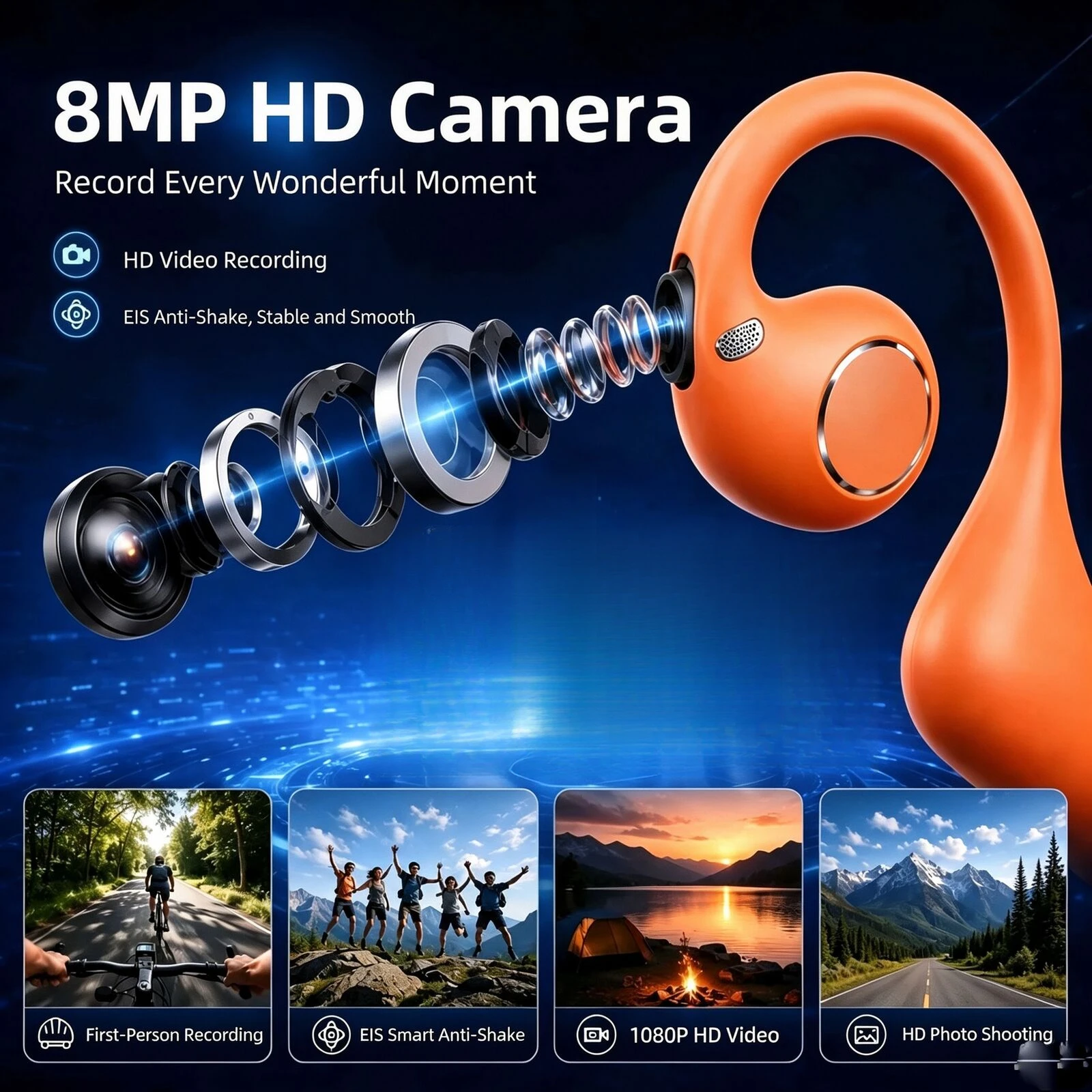 Ear Hook Camera Headphones With 8MP Sony Camera 1080P Video Recording EIS Anti Shake BT5.4 WIFI Transmission ENC Noise Reduction