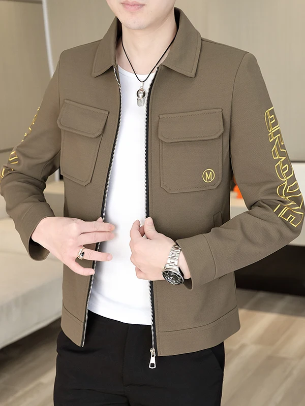 

Spring Autumn Thin Jaet Men's Outerwear European Version Simple Letter Embroidery Faion Coat Workwear Collar Top Clothes