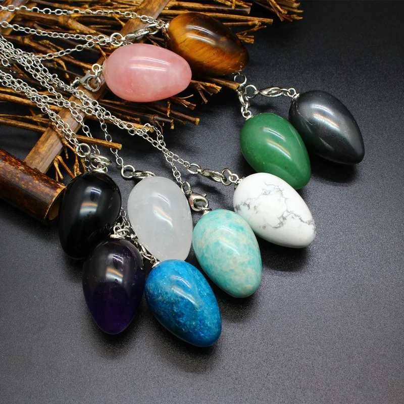 Natural Stone Teardrop Pendant Necklace Pointed Egg Healing Pink Quartz Lapis Crystal Women Men Fashion Jewelry