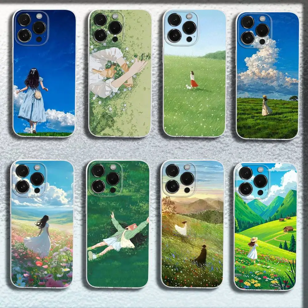 

grass sky girl Phone Case For iPhone 16,15,14,13,12,11 Plus,Pro,Max,XR,XS,Plus,E,Mini Transparent Soft Cover