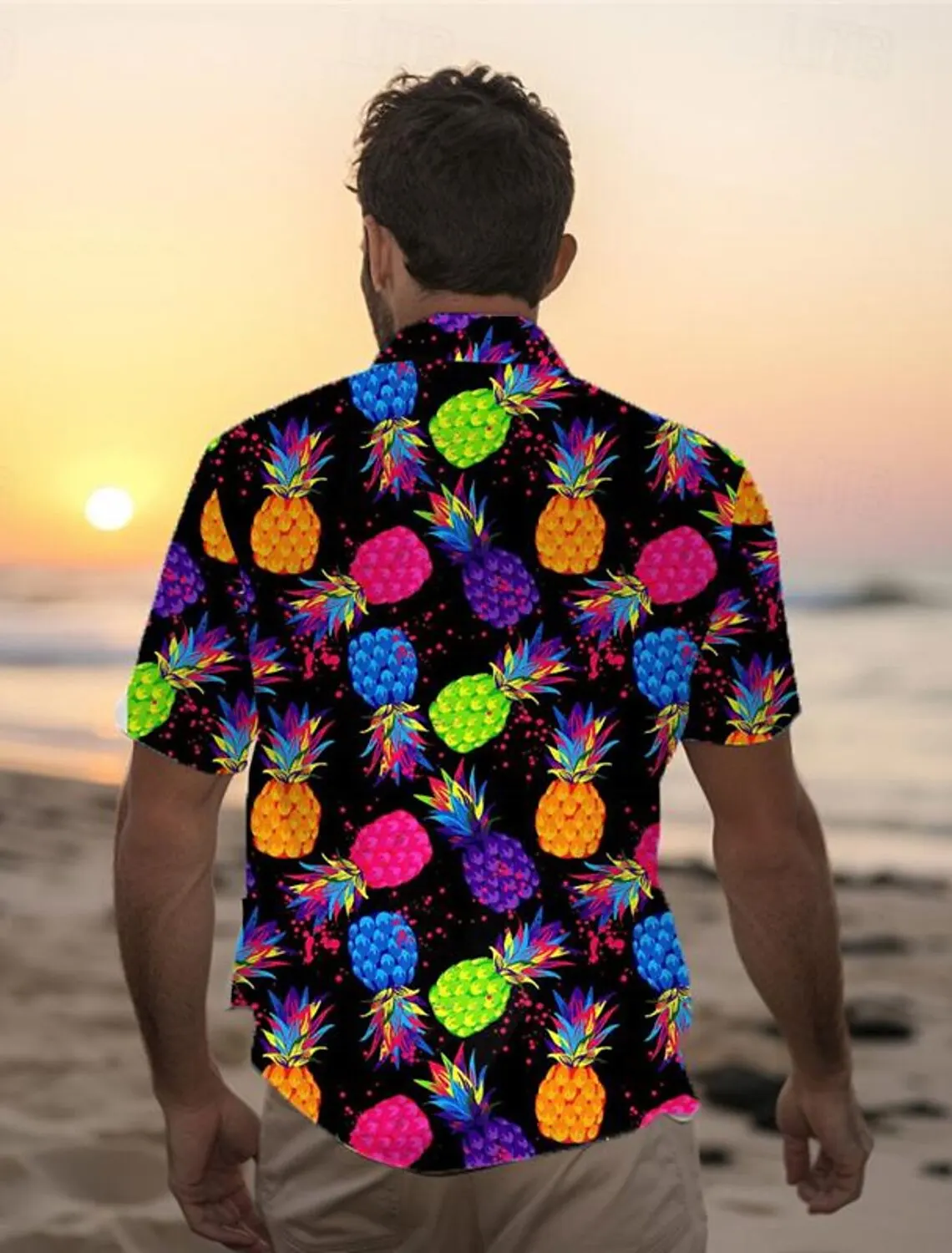 Camisa tropical de abacaxi masculina, manga curta, tecido elástico, férias casuais, verão, primavera, verão, primavera