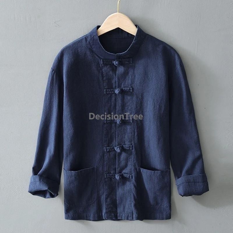 中国風カジュアル綿麻シャツジャケットメンズ長袖スタンドカラー唐装トップ漢服ヴィンテージバックルルーズフィットシャツ
