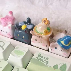 Pink Cat Cute Keycaps Pottery Clay Custom Anime Keyboard Caps Cherry MX Switch Creative R4 ESC Point Keycaps Mechanical Keyboard