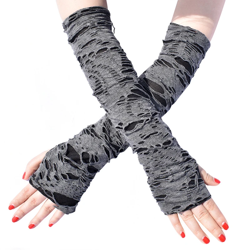 Sexy Punk Cosplay Gloves Arm Sleeves Ripped Holes Decor Cosplay Halloween Fingerless Gloves Costume Accessories Breathable