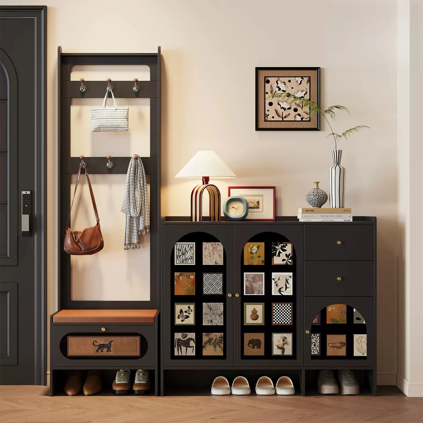 Medieval solid wood shoe cabinet household door shoe change stool hanger integrated cabinet entry door shoe cabinet storage