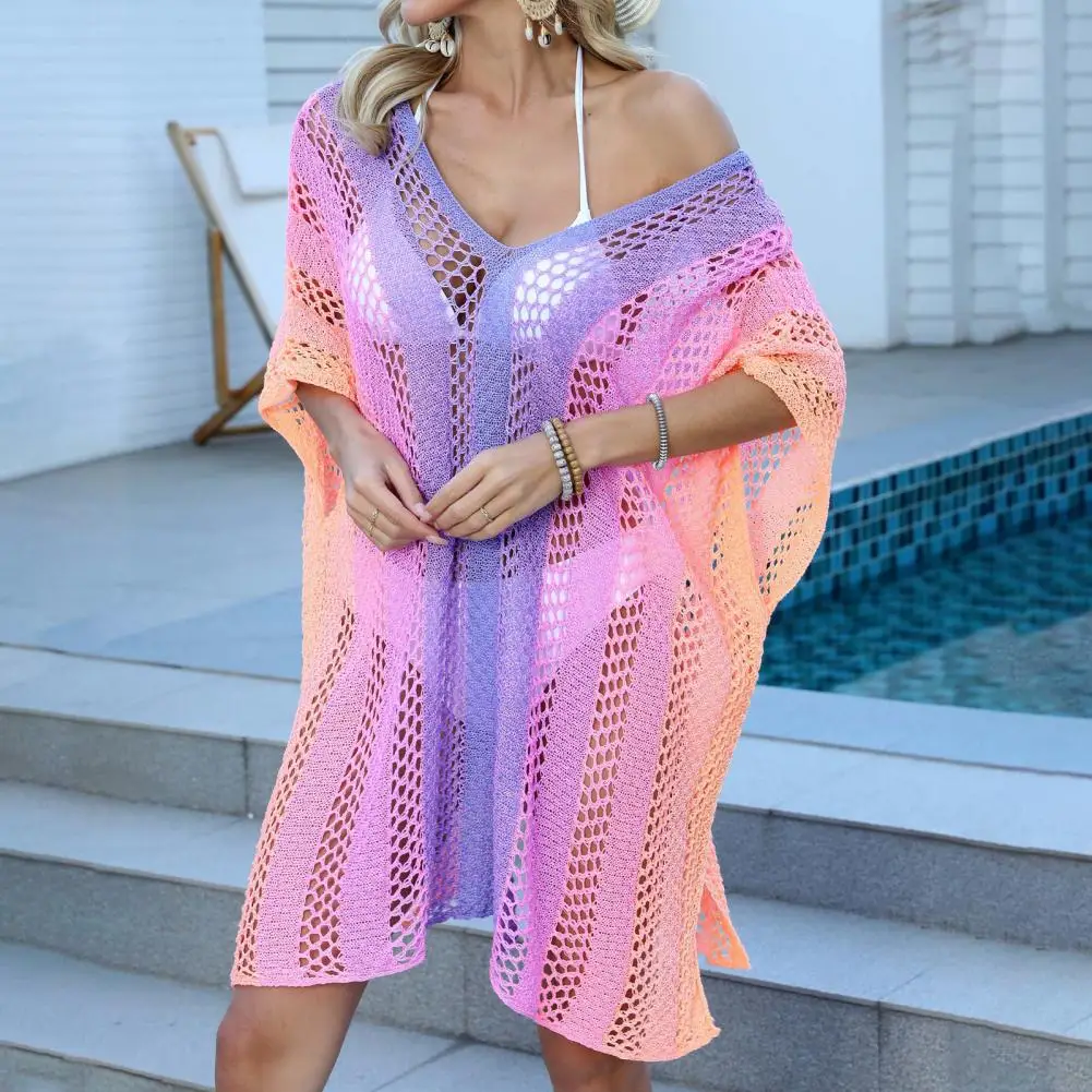 Beach Cover-up Dress Stylish Women's Beach Cover Up Dress Collection Sexy Gradient Color Knitting Bikini Dress Hollow for Summer