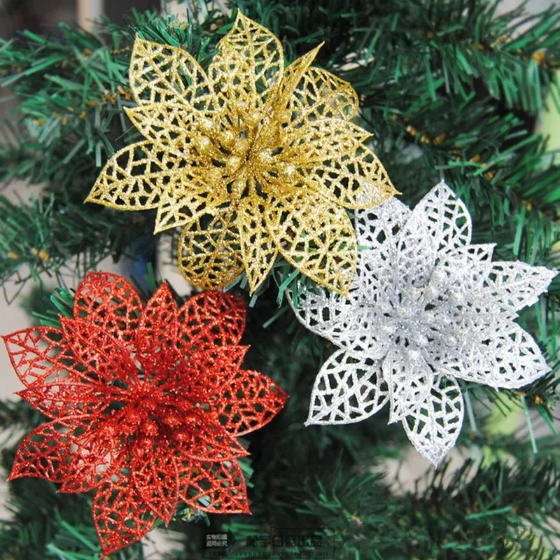 5PCS 10cm Glitter Hollow Artificial Flower for Children Birthday Party Decoration New Year Christmas Decor for Home Navidad Elf