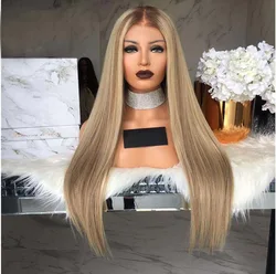 Wig with long straight hair and synthetic headband in white gold color, long hair dyed with high temperature silk