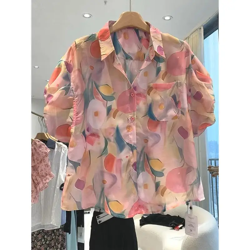 

Сладкая розовая рубашка с принтом и рукавами-фонариками, дышащая, молодежная, летняя, модная, свободного кроя, для мужчин и женщин, повседневная, шикарная