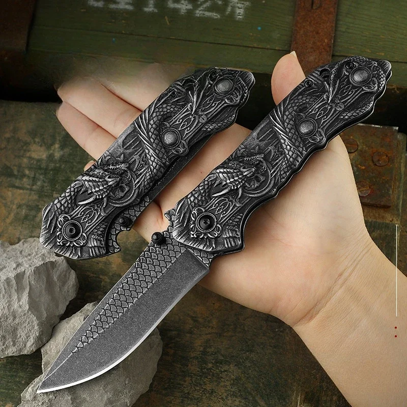 Anti Body Folding Knife Outdoor Portable Knifes 3D Dragon Relief Folding Knife High Hardness Wilderness Survival Knife mes