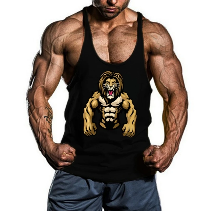 

Lion Graphic Sleeveless Gym Tank for Men - Breathable Fitness Shirt Ideal for Bodybuilding, Intense Training Sessions