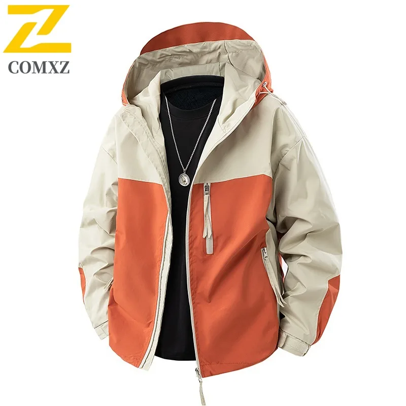 

​COMXZ Brand Luxury Mens Jacket 2025 Hooded Collar Splicing Style Travel Lightweight Windbreaker Leisure Camping Autumn Coat