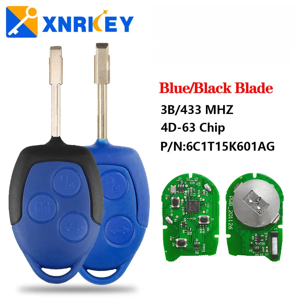 

XNRKEY 3 Button Car Remote Key 4D63 Chip 433Mhz with Blue/Black Blade for Ford Transit WM VM 2006-2014 Car Key P/N: 6C1T15K601AG