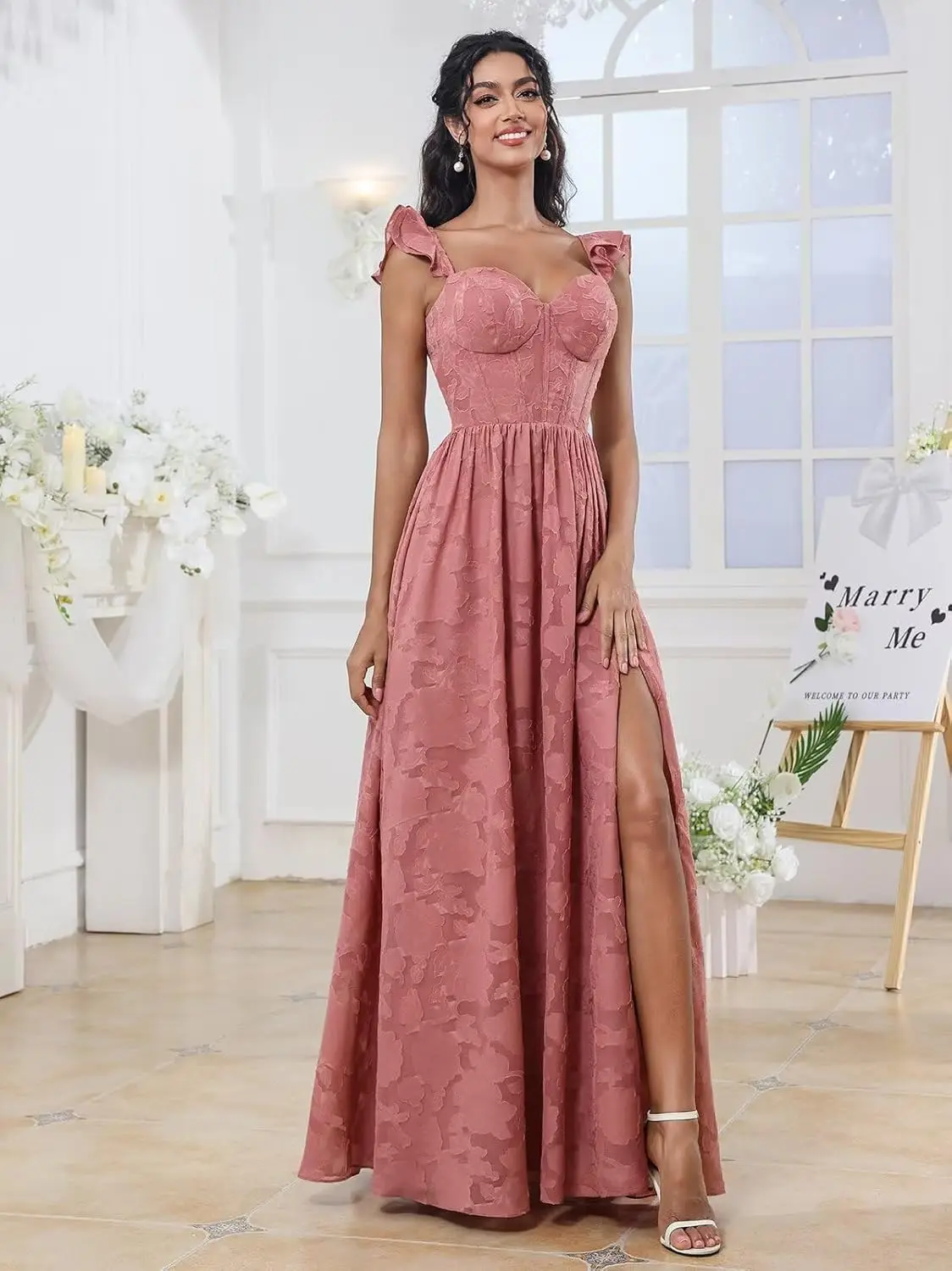 Sevintage Vestidos de dama de honor florales para mujer Mangas largas Vestidos formales para invitados de boda con hendidura