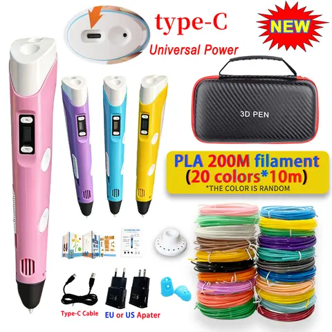 Ulepszony długopis 3D do drukowania 3D, długopisy do rysowania DIY dla dzieci, prezent urodzinowy dla dzieci, kabel Type-C, zasilacz, filament PLA, etui podróżne