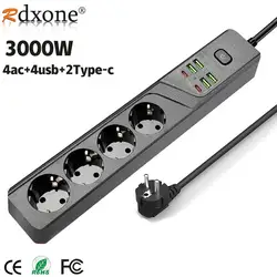 3000W EU Power Strip With Overload Protection 4USB C 2Type C Charger Hub Extension Socket With Switch 2m European Plug Extension