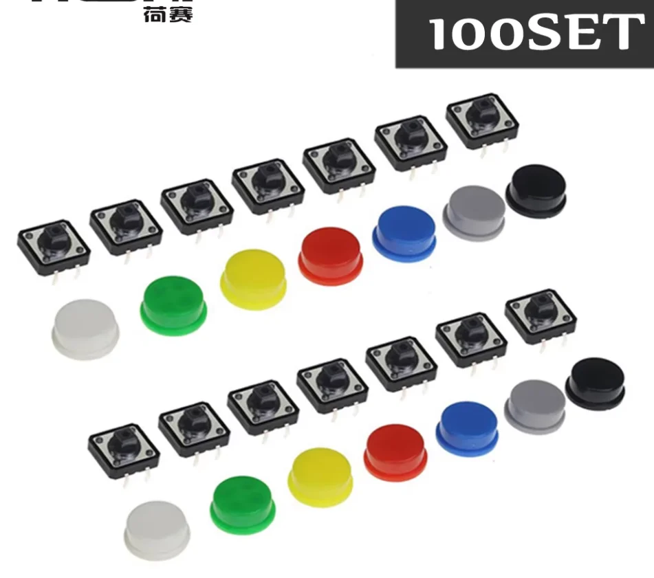100Set 5Color Keycap Tactile Push Button Switch Momentary 12*12*7.3MM Micro Switch Button Assorted Kit For Arduino Raspberry Pi3