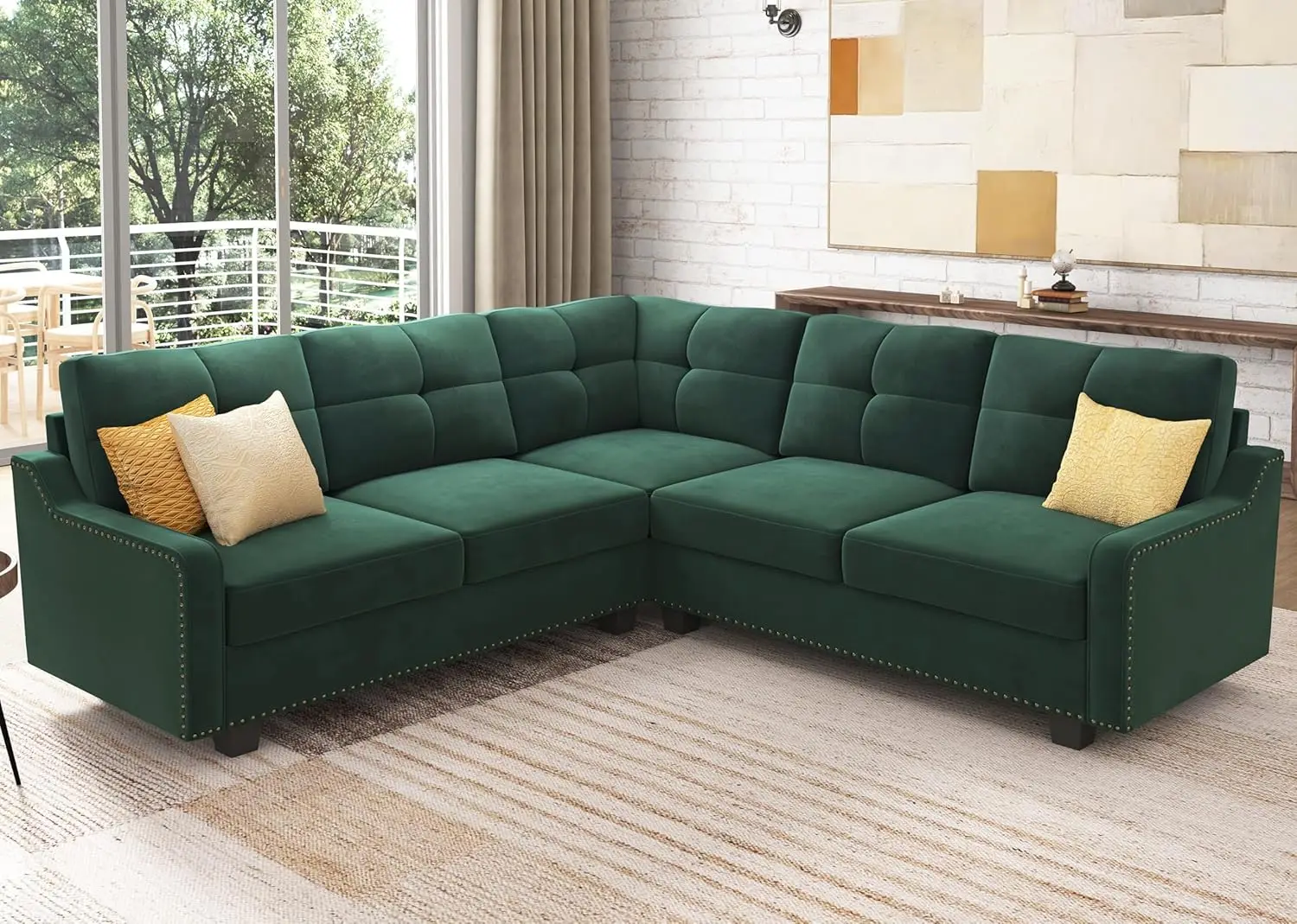 Convertible Sectional Sofa L Shaped Couch for Small Apartment Reversible Sectional Couch for Living Room Velvet Green