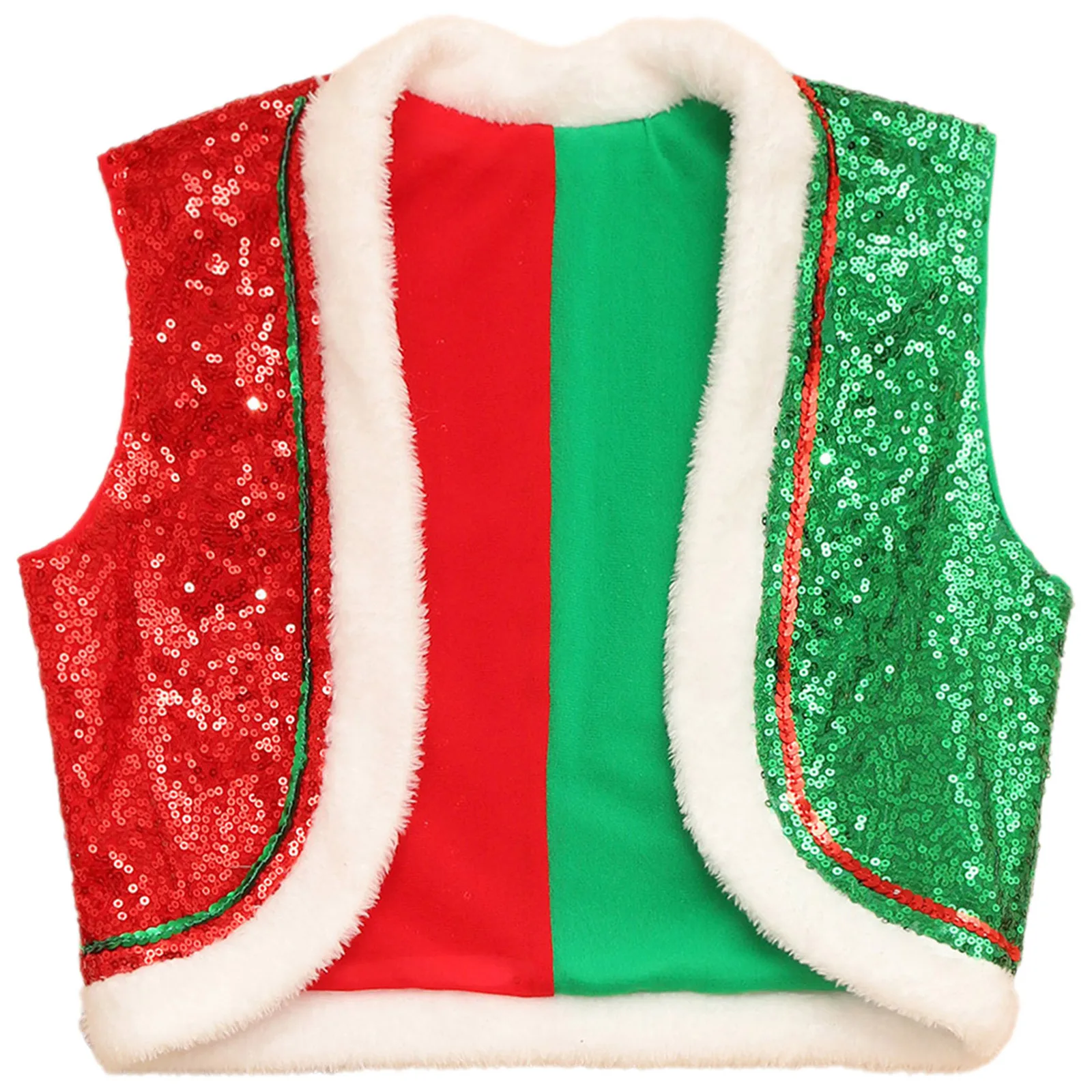 Boys Girls Christmas Costume Color Block Sequins Vest Waistcoat Tops Open Front Coat Jacket for Santa Elf Role Play Performance