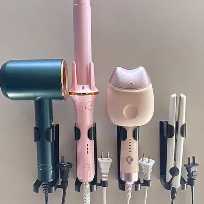 حامل مكواة فرد الشعر، دعامة تجعيد، منظم مجفف الشعر المثبت على الحائط لإكسسوارات الحمام المنزلية