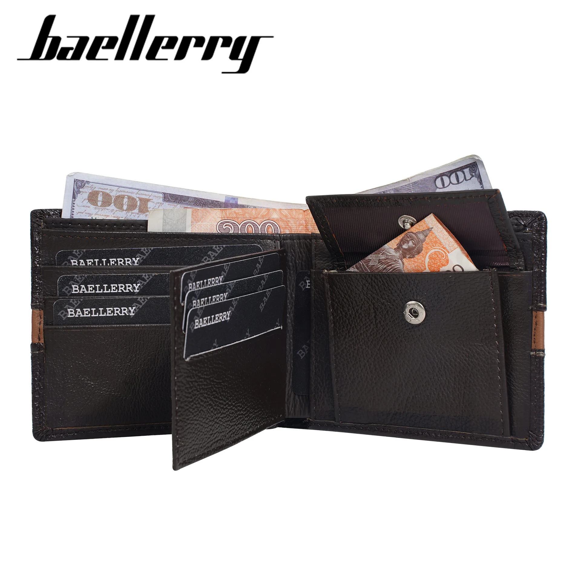 1 قطعة/محفظة رجالية رفيعة من Baellerry مع جيب للعملات المعدنية بسحاب، 9 فتحات للبطاقات، سعة كبيرة، حامل بطاقات بسيط، هدية عمل