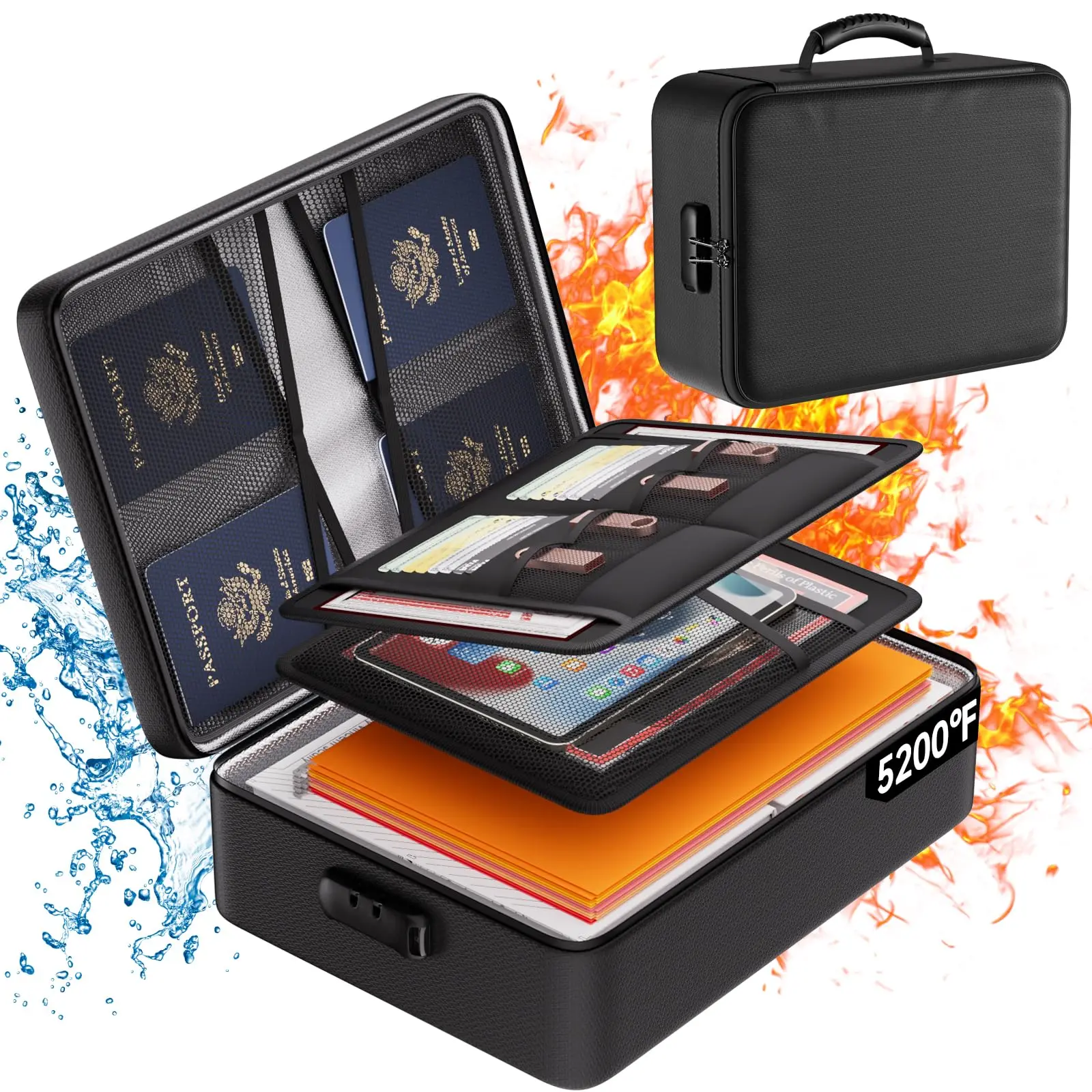 

Усовершенствованный огнестойкий и водонепроницаемый ящик для документов с замком, 8-слойный органайзер для файлов, портативное безопасное хранилище для дома, офиса и т.д.