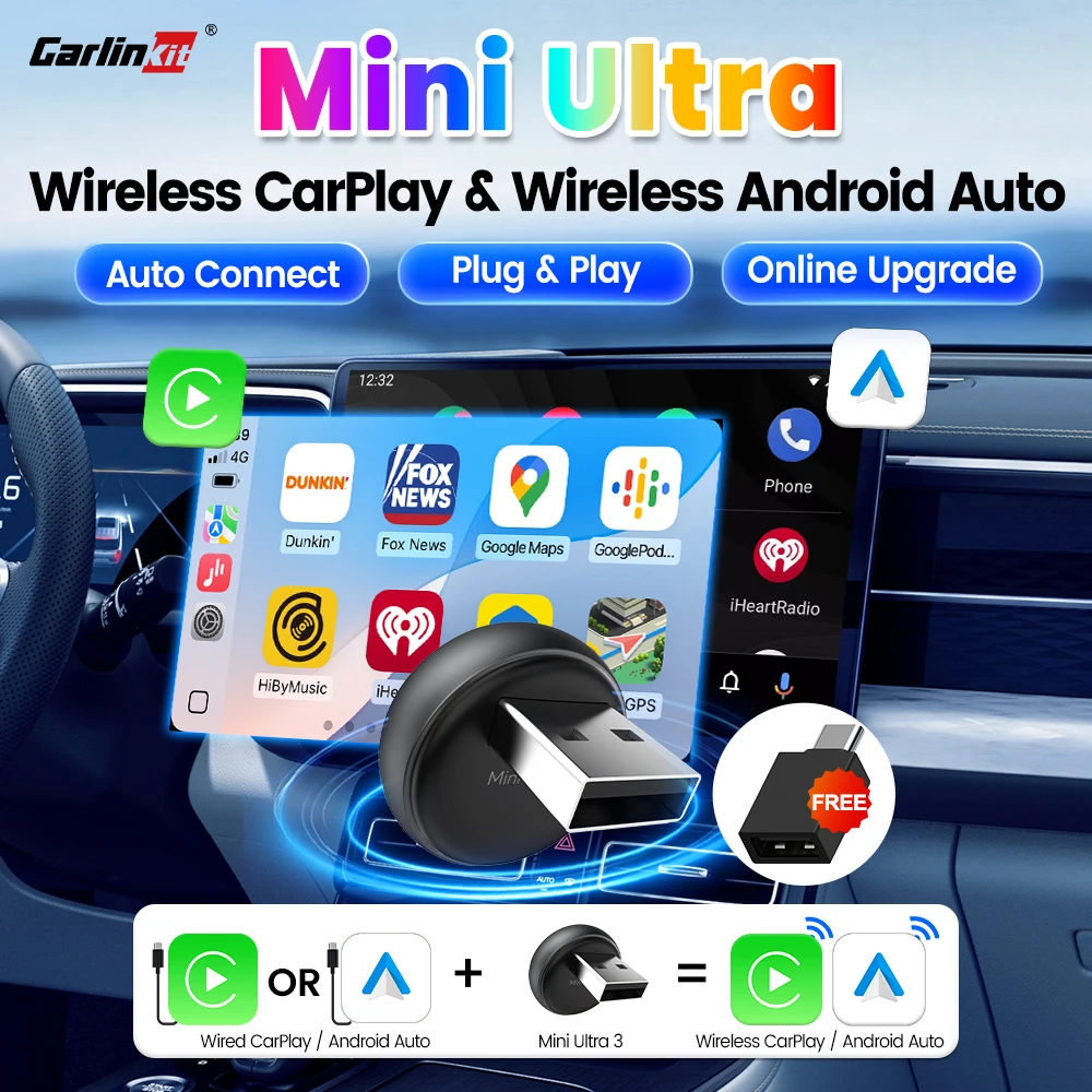 2026 CarlinKit 5.0 Mini Ultra 3 CarPlay Android Auto Wireless Adapter 2.4G&5.8GHz WiFi BLE OTA Upgrade For OEM Car Plug and Play