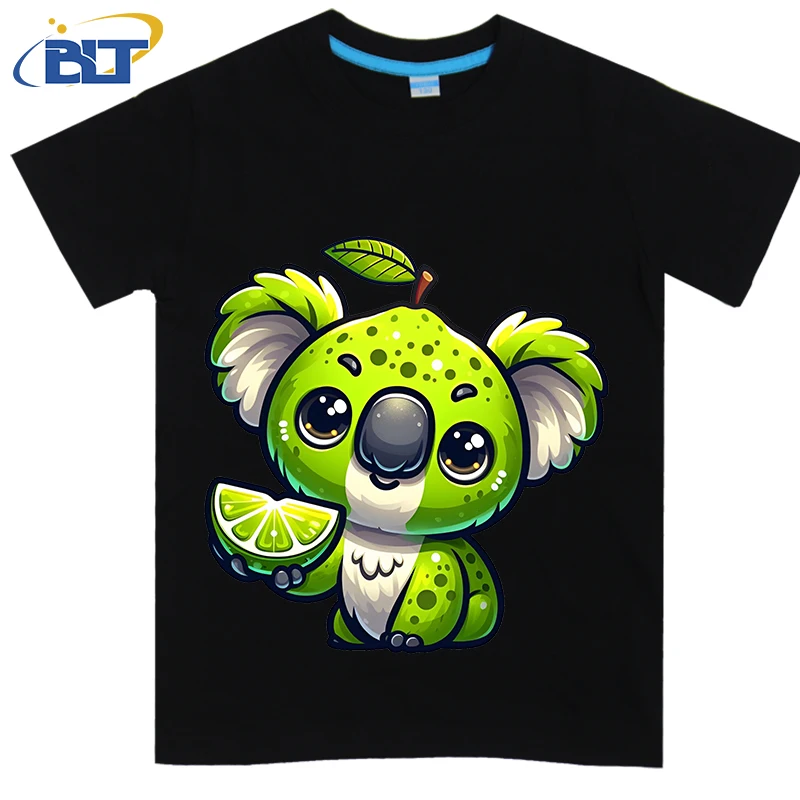 Cute Koala with Lime printed kids T-shirt summer pure cotton short-sleeved casual top suitable for both boys and girls