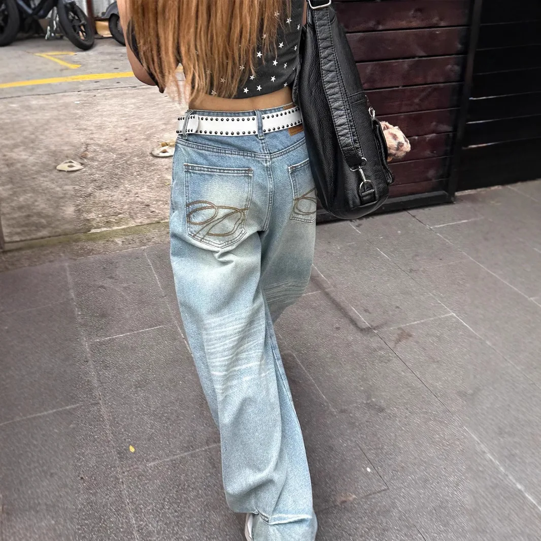 

Винтажные джинсы с вышивкой Y2k, женские синие прямые мешковатые джинсовые брюки с высокой талией, уличные широкие джинсы в стиле ретро 90-х годов