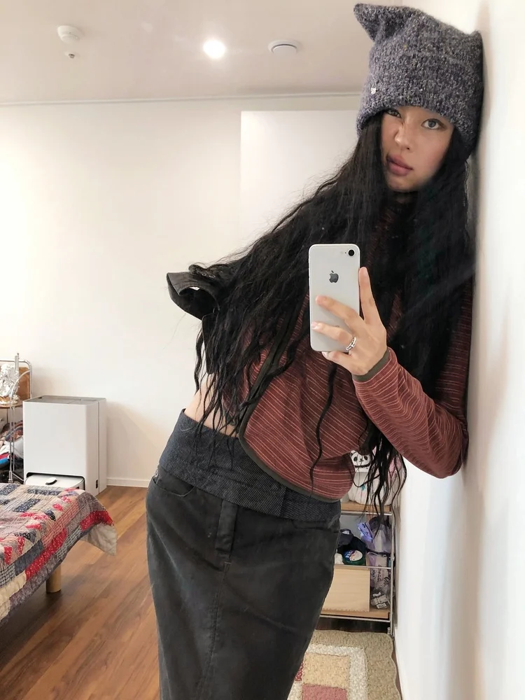 Retro Striped Splicing Anti-Aging Japanese Style Hooded Jacket Half Skirt Unique SEI Blogger Style Loose Fit Long Sleeve Zipper