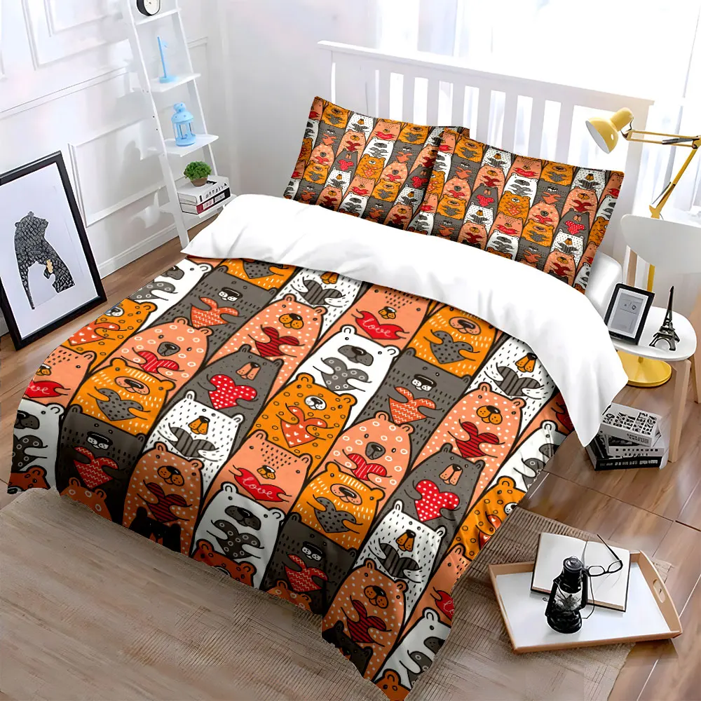 Cartoon bears with heart patterns Bedding Set for Kids Luxury Gift 3pcs Digital Print Comforter Set Soft Comfortable Breathable
