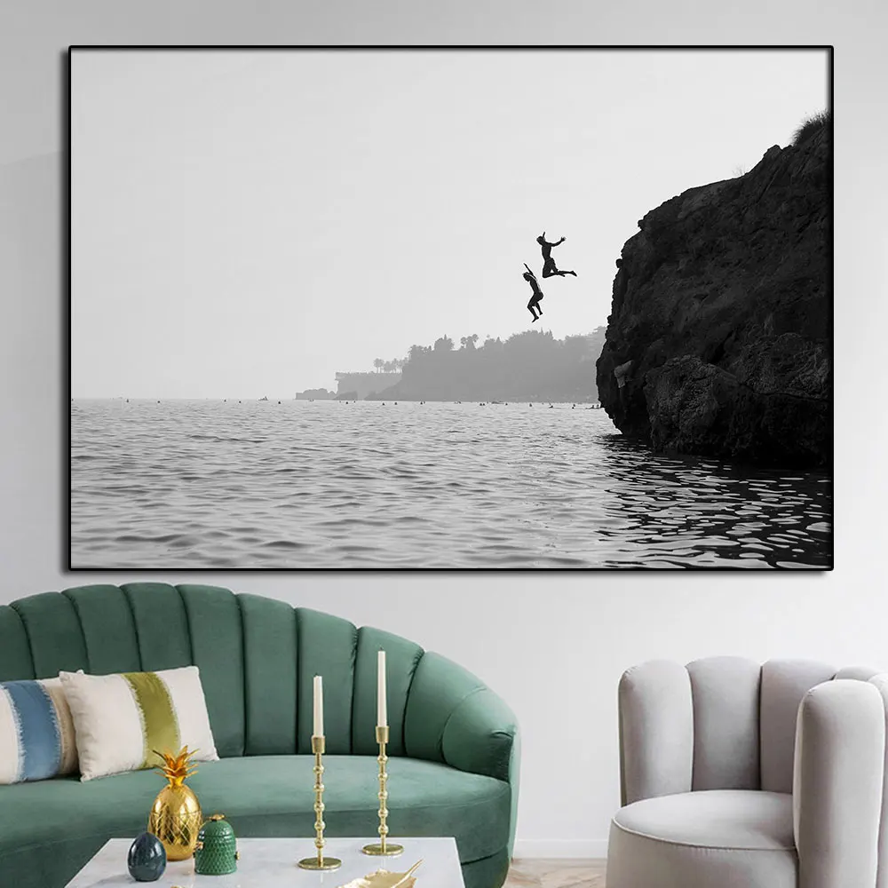 

Black and White Ocean Minimalist Canvas Painting Poster And Print Wall Art Picture For Beach Lifestyle Room Decoration Frameless