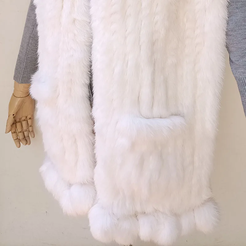 2023 New Winter Thick Knitted Real Rex Rabbit Fur Shawl With Fur Pom pom Fashion Female Genuine Fur Big Scarf With Pocket