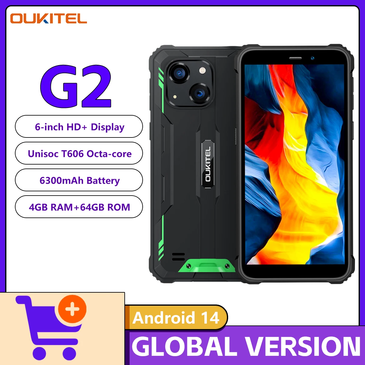 Oukitel G2 Rugged Smartphone T606 Octa-core 6-inch HD+ 4GB RAM+64GB ROM 13MP Camera 6300mAh Cellphone NFC Android 14 Cellphone L