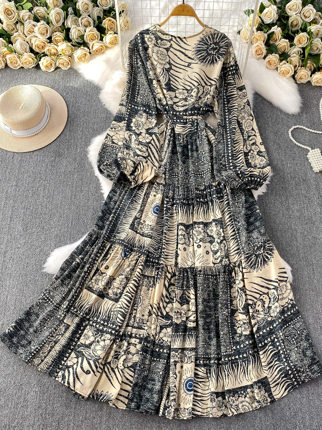 Ele Lange Dr vrouwen Sexy V-Ne Print Hoge Taille Verzameld Afslanken Rok Koreaanse Sle Pendelen Zomer Anti-bal