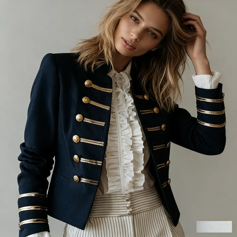 Women's Military Style Navy Blazer Gold Button Decor Long Sleeve Slim Fit Vintage Coat Fashion Daily Commuter Casual Outerwear
