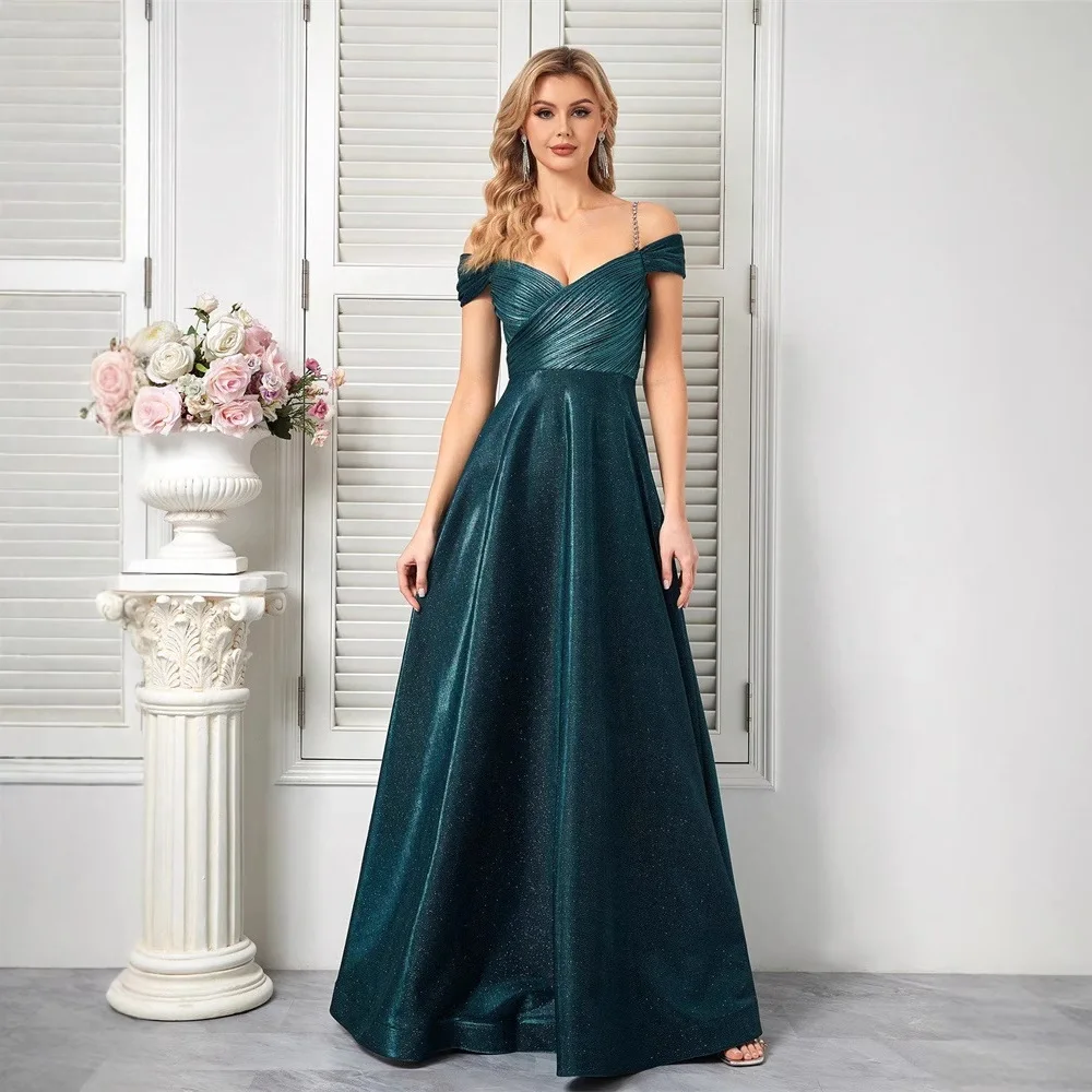 

Shimmer Glitter Satin Evening Dress Women Teal Cold Shoulder Beaded Thin Strap Wrap Ruched Bodice Formal Party Maxi Dress