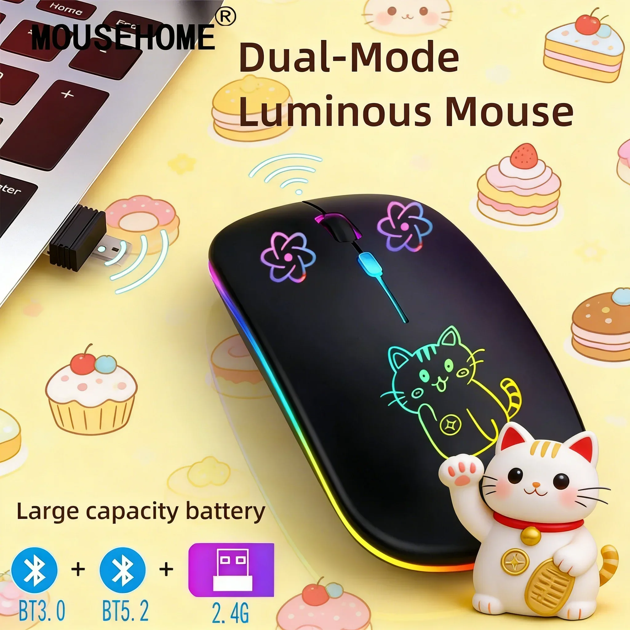 

Cute Wireless RGB Luminous Mouse Lucky Cat Design 2.4G Bluetooth Dual Mode Silent Rechargeable Portable Office Mice for PLaptop