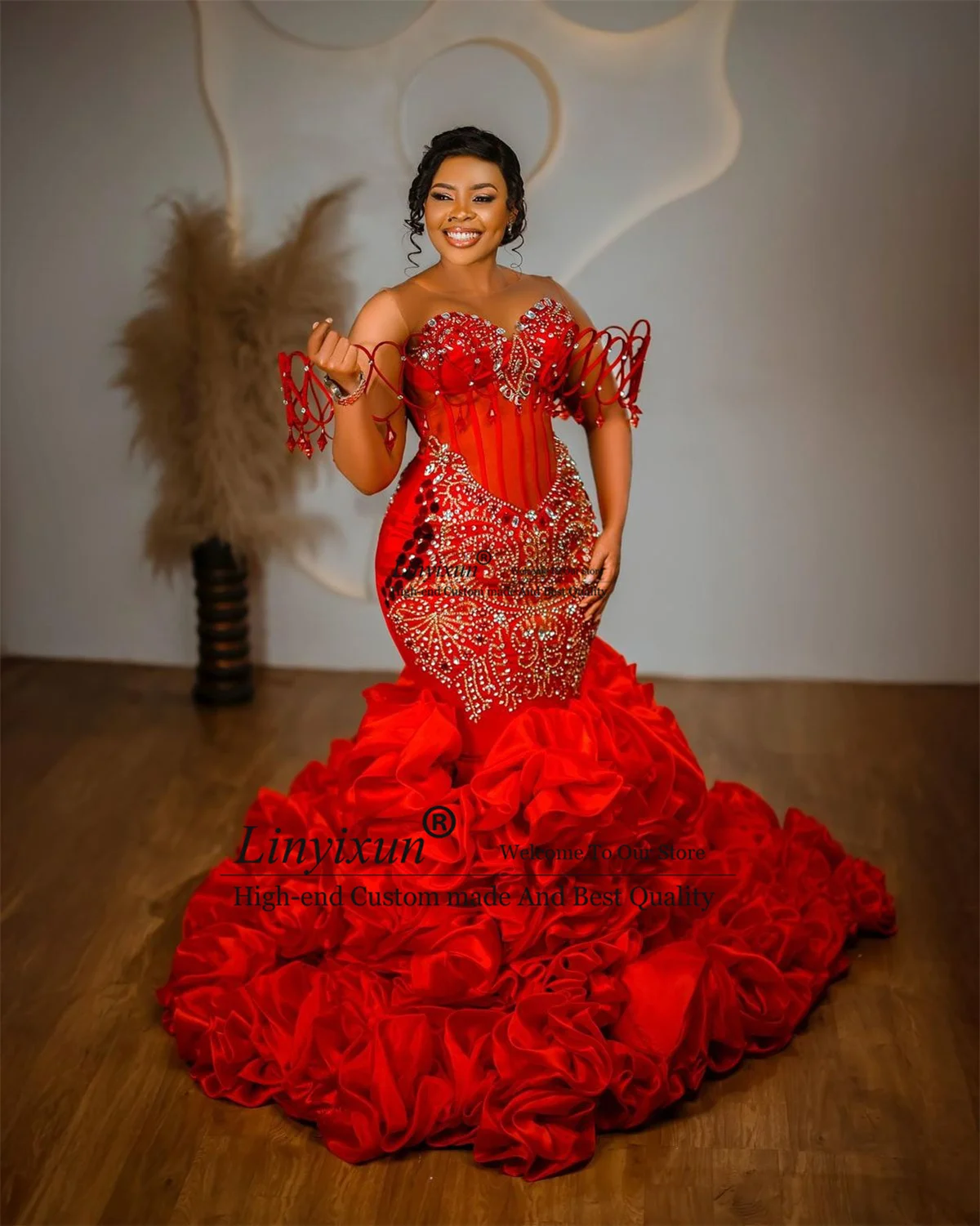 Glitzernde Pailletten-Perlen-Abschlussballkleider, elegante Rüschen, Meerjungfrau-Abendparty-Kleider, maßgeschneiderte schwarze Mädchen Aso Ebi Robes de Soirée