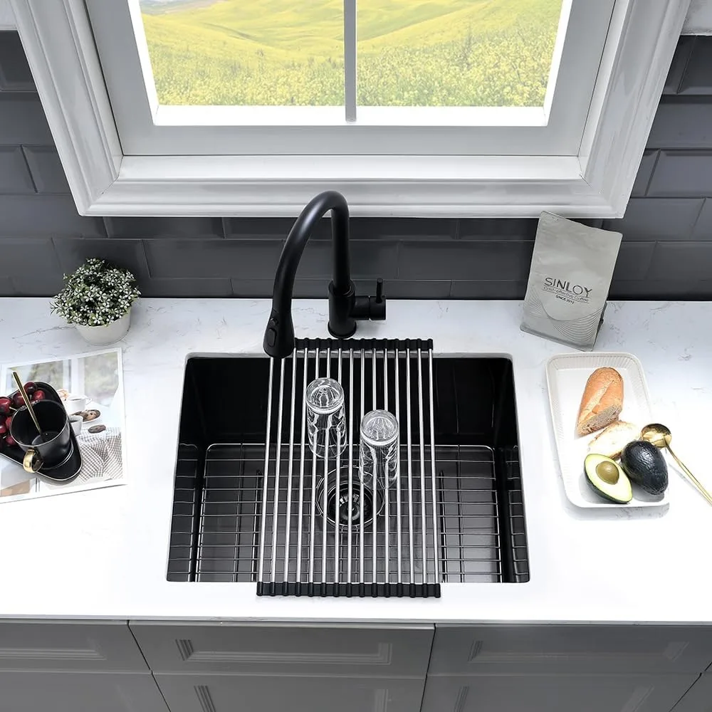 Fregadero de lavandería bajo montaje de 23 pulgadas de acero inoxidable negro - Fregadero de sala de utilidad de calibre 16 con dimensiones 18x13 para una eficiencia moderna del hogar