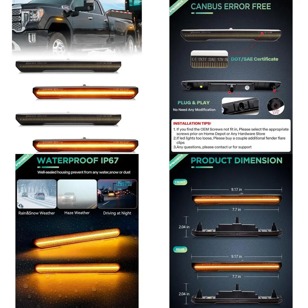 

Smoke Amber LED Side Marker Lights Kit for 2020-2024 GMC Sierra 2500 HD 3500 HD Pickup Trucks, Front & Rear Assembly, 4 Pieces