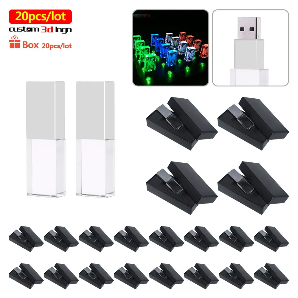 

20pcs/lot USB2.0 Flash Drive Crystal LED light Pen Drive 8GB memoria usb 128GB 64GB Memory stick 32GB 16GB Personalize 3d logo