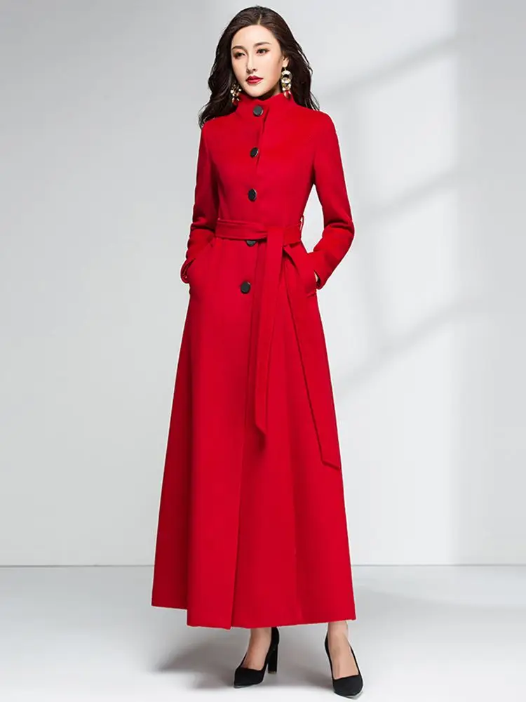 New Women Woolen Coat Autumn Winter Elegant Fashion Stand Collar Thicken Warm Overlength Wool Blends Outerwear Slim Overcoat