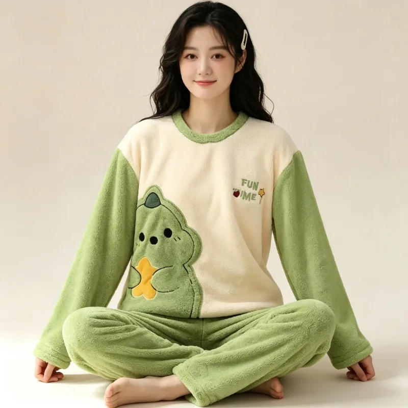 Pajamas Cute Dinosaur Letter Print Women Flannel Fleece Crew Neck Long‑Sleeve 2PCS Ladies Homewear Sleepwear Suit Autumn Winter